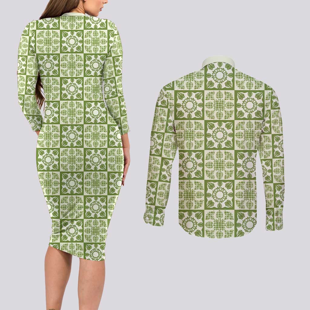 Omaomao Palaka Quilt Hawaii Couples Matching Long Sleeve Bodycon Dress and Long Sleeve Button Shirt Hawaiian Tropical Monstera Sea Turtle