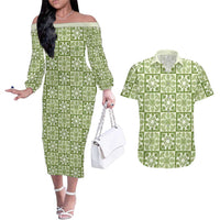 Omaomao Palaka Quilt Hawaii Couples Matching Off The Shoulder Long Sleeve Dress and Hawaiian Shirt Hawaiian Tropical Monstera Sea Turtle