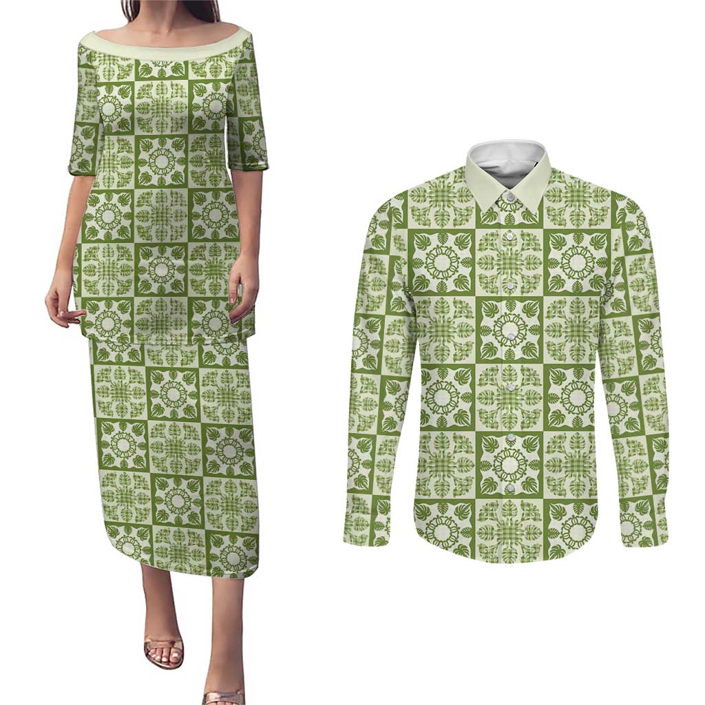 Omaomao Palaka Quilt Hawaii Couples Matching Puletasi and Long Sleeve Button Shirt Hawaiian Tropical Monstera Sea Turtle LT14 Green - Polynesian Pride