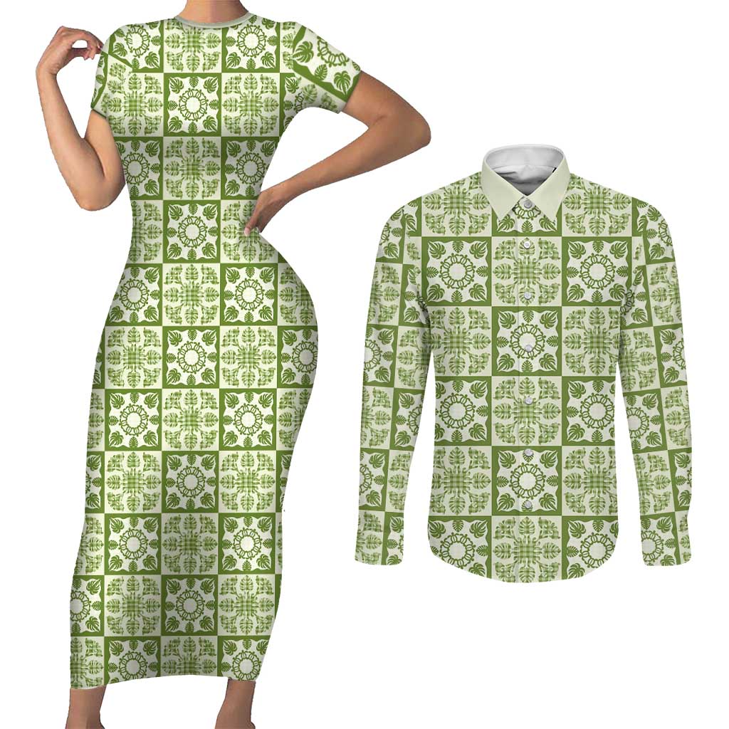 Omaomao Palaka Quilt Hawaii Couples Matching Short Sleeve Bodycon Dress and Long Sleeve Button Shirt Hawaiian Tropical Monstera Sea Turtle LT14 Green - Polynesian Pride