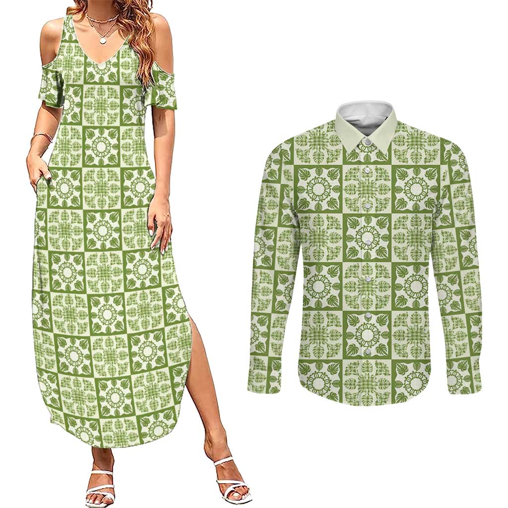 Omaomao Palaka Quilt Hawaii Couples Matching Summer Maxi Dress and Long Sleeve Button Shirt Hawaiian Tropical Monstera Sea Turtle LT14 Green - Polynesian Pride