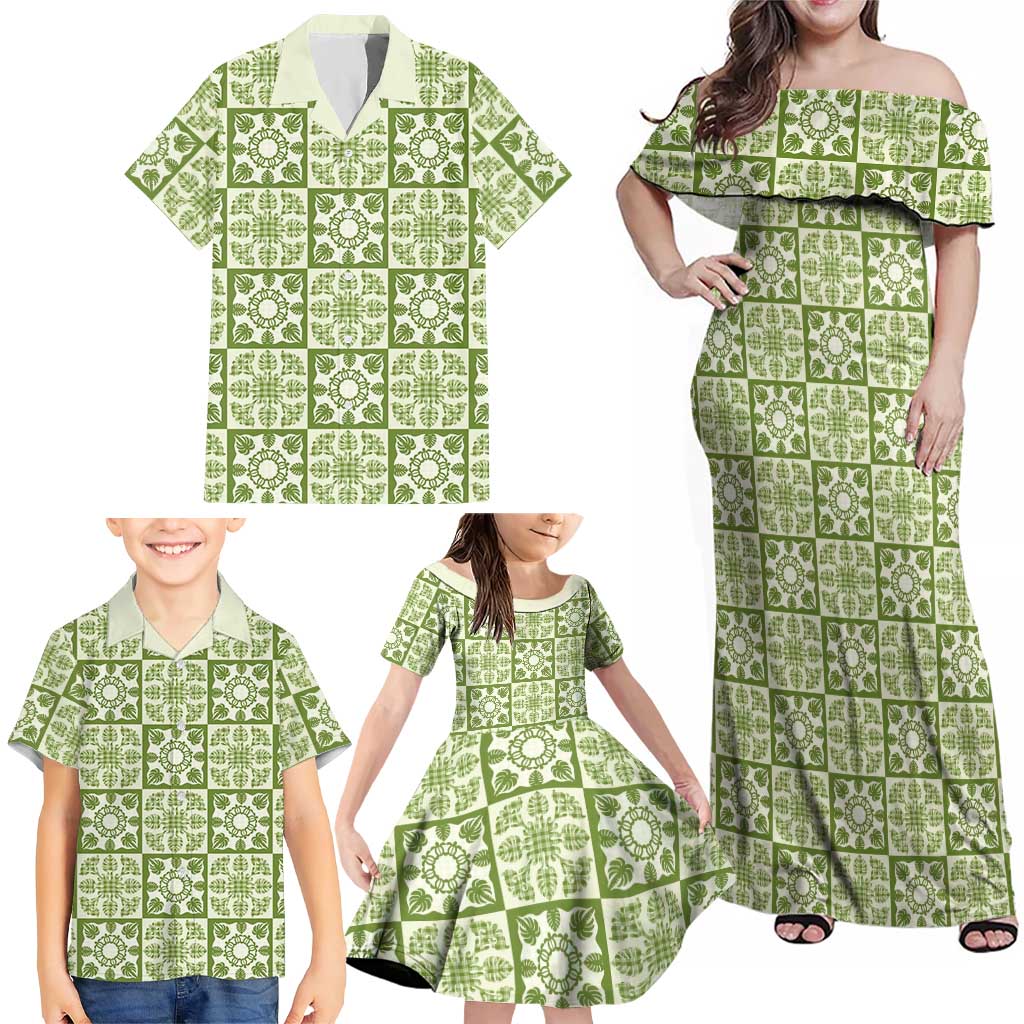 Omaomao Palaka Quilt Hawaii Family Matching Off Shoulder Maxi Dress and Hawaiian Shirt Hawaiian Tropical Monstera Sea Turtle