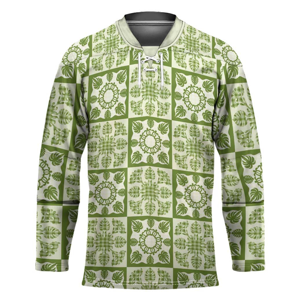 Omaomao Palaka Quilt Hawaii Hockey Jersey Hawaiian Tropical Monstera Sea Turtle LT14 Unisex Green - Polynesian Pride