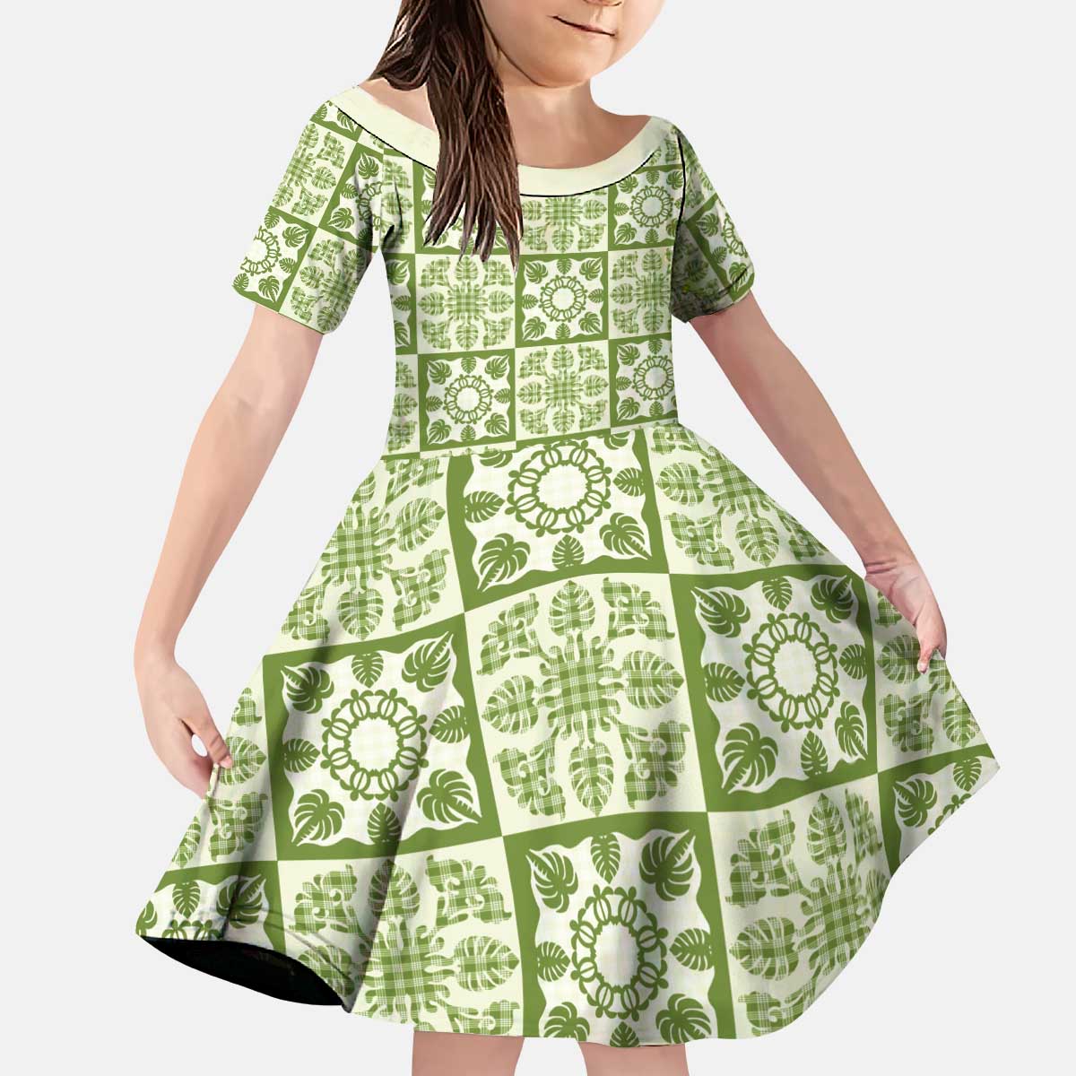 Omaomao Palaka Quilt Hawaii Kid Short Sleeve Dress Hawaiian Tropical Monstera Sea Turtle LT14 KID Green - Polynesian Pride