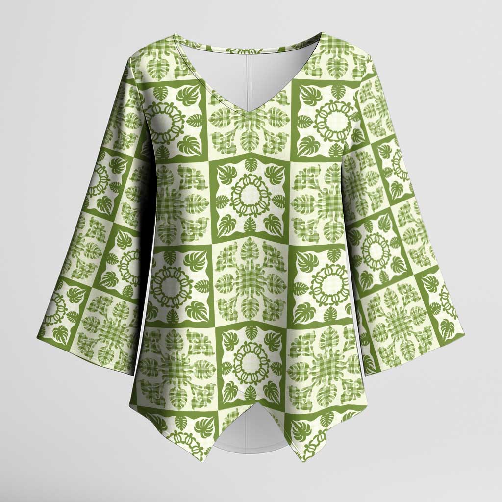 Omaomao Palaka Quilt Hawaii Kimono Sleeve Blouse Hawaiian Tropical Monstera Sea Turtle