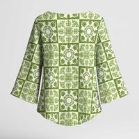 Omaomao Palaka Quilt Hawaii Kimono Sleeve Blouse Hawaiian Tropical Monstera Sea Turtle