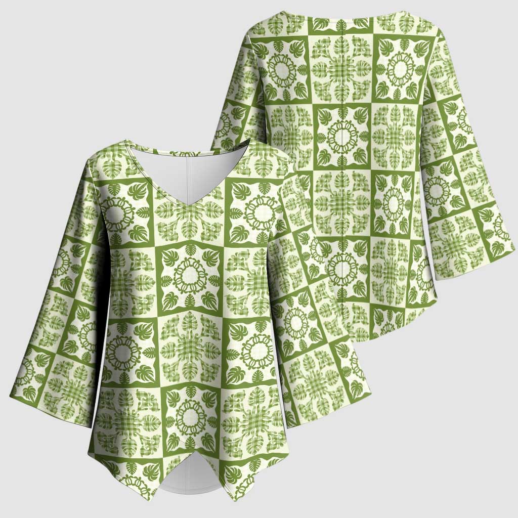 Omaomao Palaka Quilt Hawaii Kimono Sleeve Blouse Hawaiian Tropical Monstera Sea Turtle