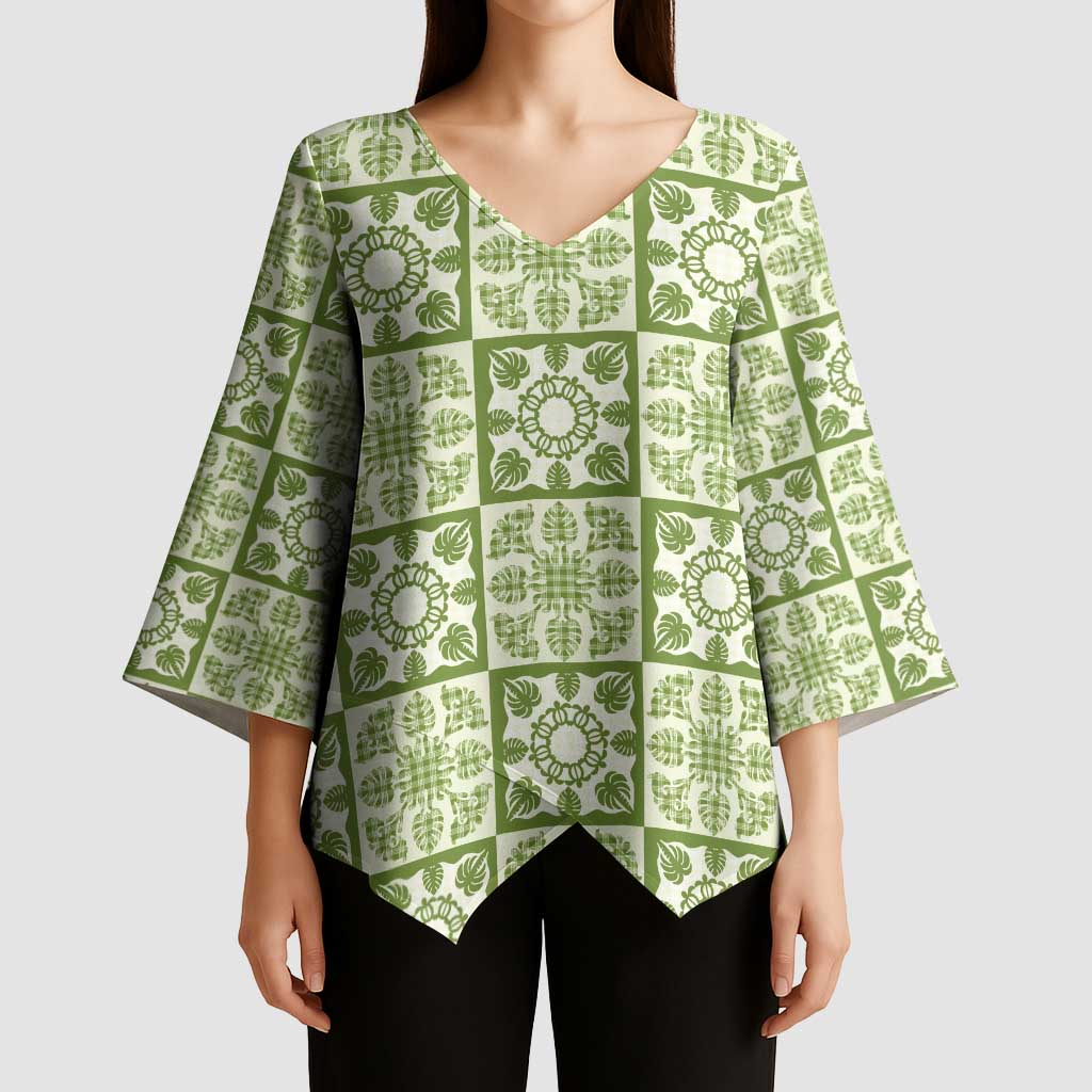 Omaomao Palaka Quilt Hawaii Kimono Sleeve Blouse Hawaiian Tropical Monstera Sea Turtle