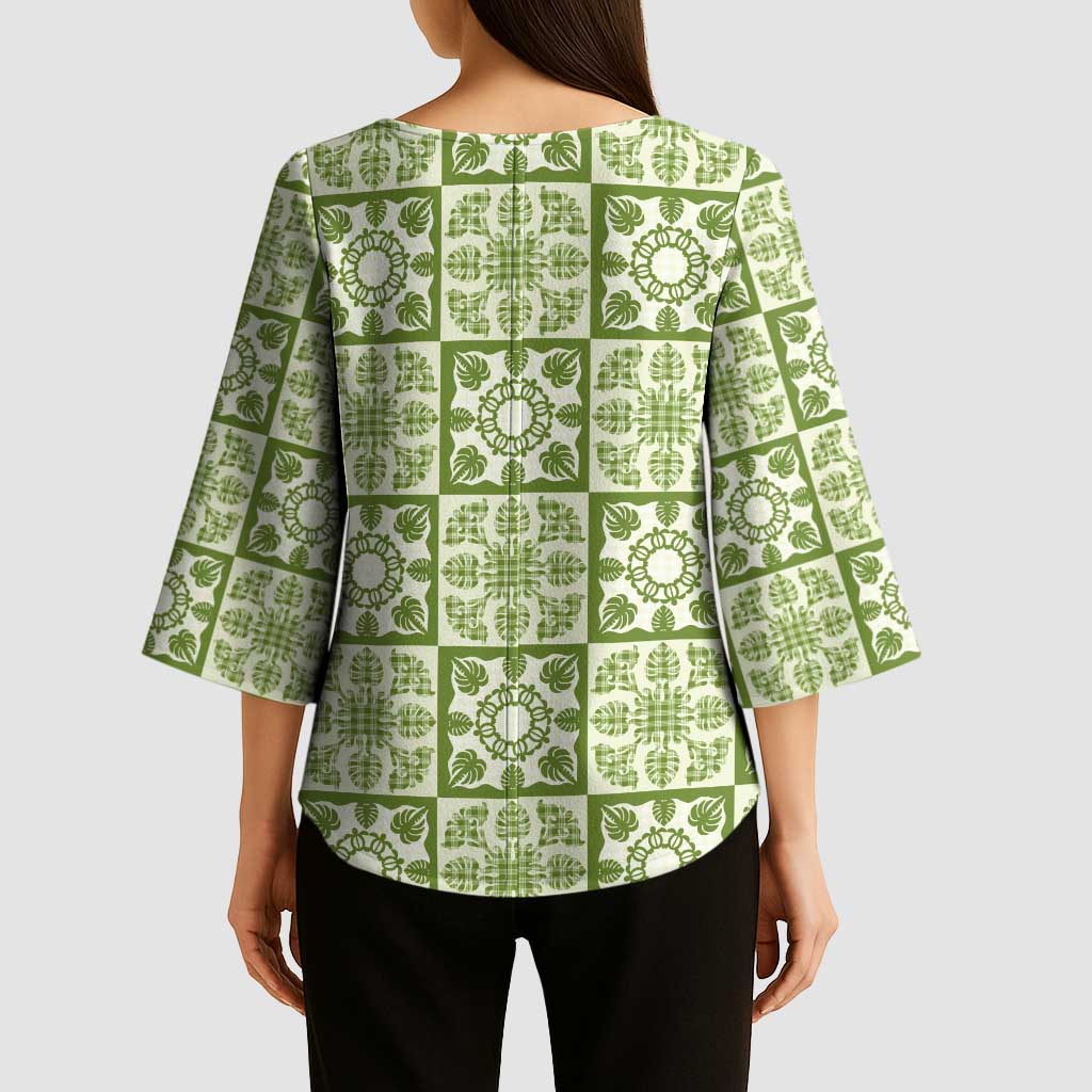 Omaomao Palaka Quilt Hawaii Kimono Sleeve Blouse Hawaiian Tropical Monstera Sea Turtle