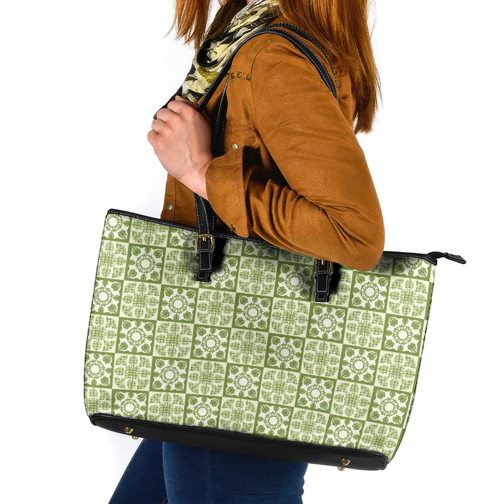 Omaomao Palaka Quilt Hawaii Leather Tote Bag Hawaiian Tropical Monstera Sea Turtle