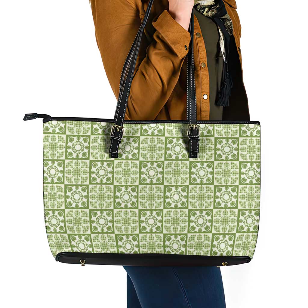 Omaomao Palaka Quilt Hawaii Leather Tote Bag Hawaiian Tropical Monstera Sea Turtle