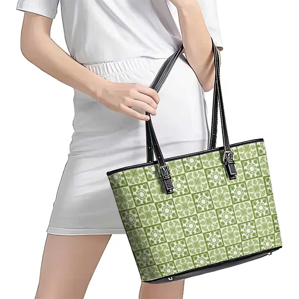 Omaomao Palaka Quilt Hawaii Leather Tote Bag Hawaiian Tropical Monstera Sea Turtle