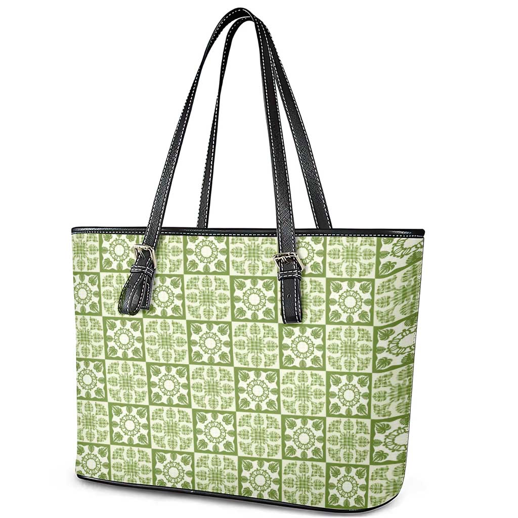 Omaomao Palaka Quilt Hawaii Leather Tote Bag Hawaiian Tropical Monstera Sea Turtle