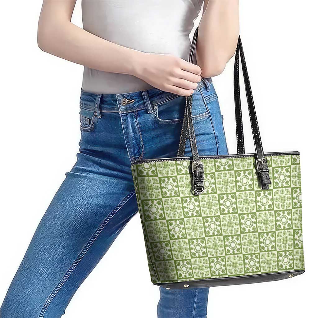 Omaomao Palaka Quilt Hawaii Leather Tote Bag Hawaiian Tropical Monstera Sea Turtle