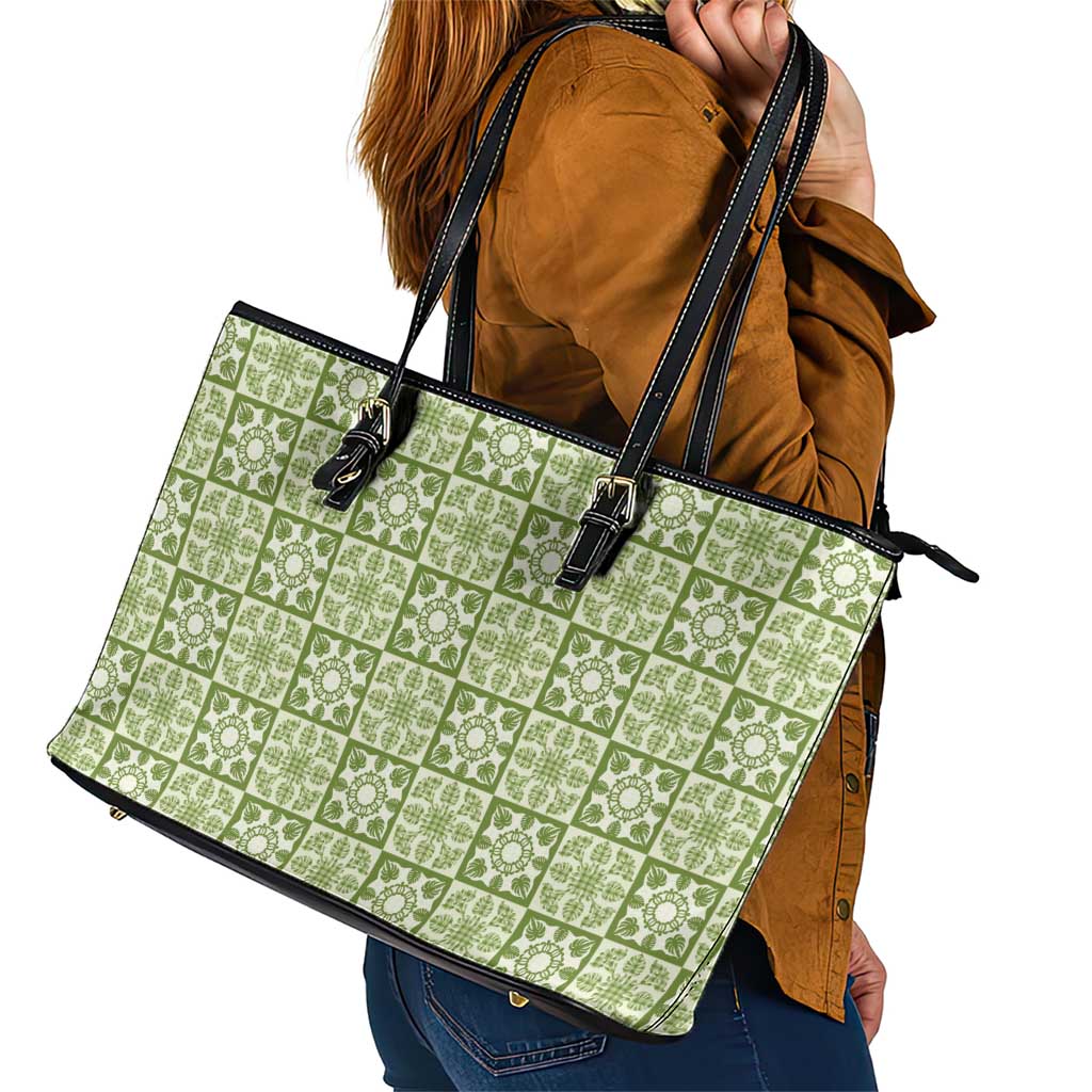Omaomao Palaka Quilt Hawaii Leather Tote Bag Hawaiian Tropical Monstera Sea Turtle