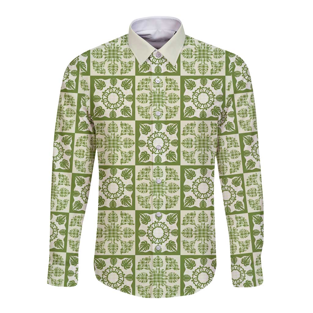 Omaomao Palaka Quilt Hawaii Long Sleeve Button Shirt Hawaiian Tropical Monstera Sea Turtle LT14 Unisex Green - Polynesian Pride