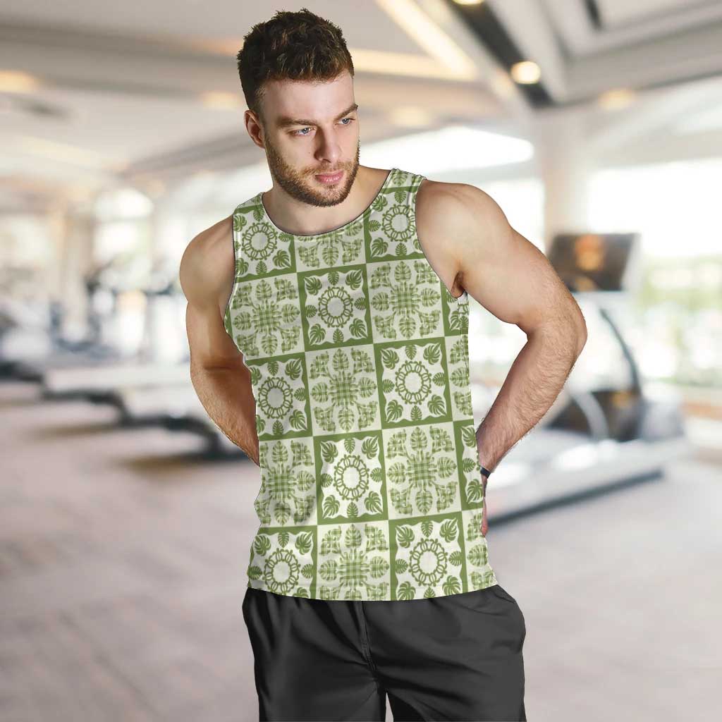Omaomao Palaka Quilt Hawaii Men Tank Top Hawaiian Tropical Monstera Sea Turtle LT14 Green - Polynesian Pride