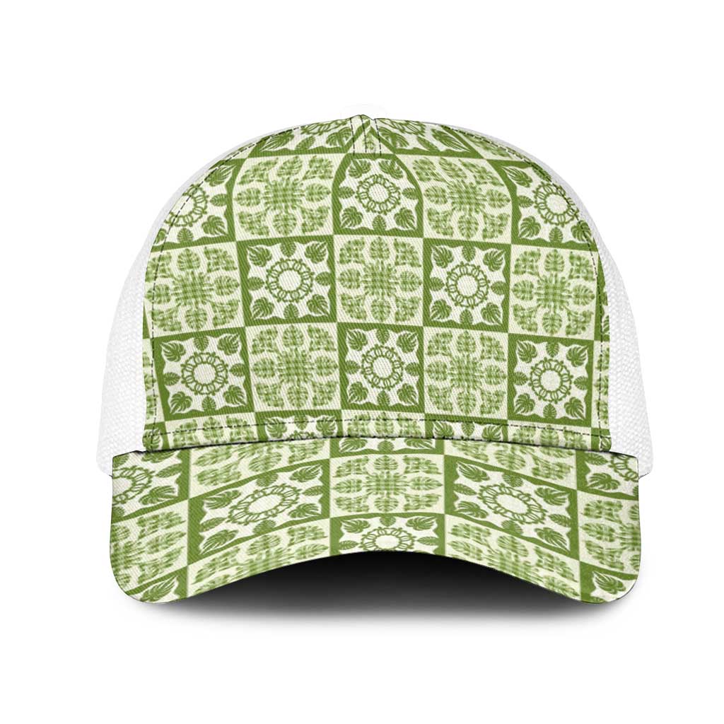 Omaomao Palaka Quilt Hawaii Mesh Trucker Cap Hawaiian Tropical Monstera Sea Turtle LT14 One Size White Green - Polynesian Pride