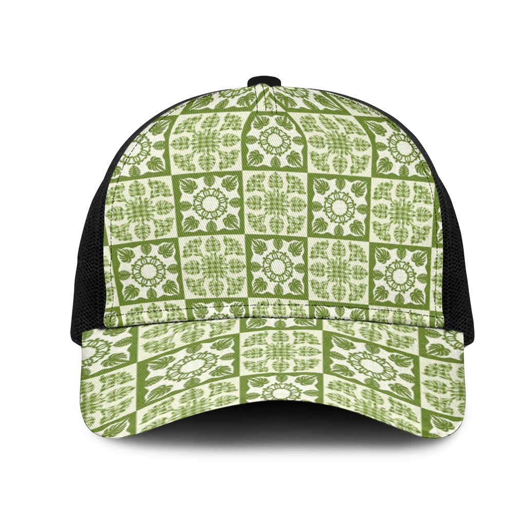 Omaomao Palaka Quilt Hawaii Mesh Trucker Cap Hawaiian Tropical Monstera Sea Turtle LT14 One Size Black Green - Polynesian Pride