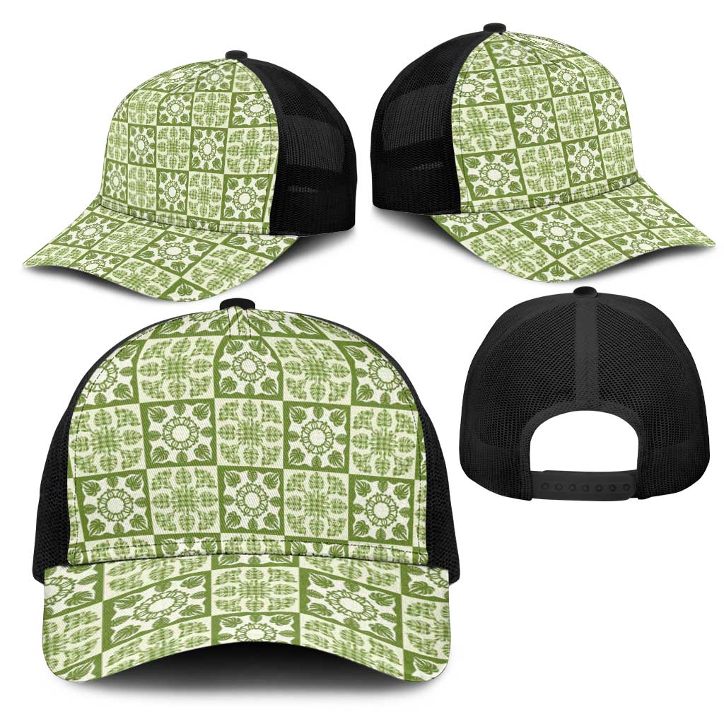Omaomao Palaka Quilt Hawaii Mesh Trucker Cap Hawaiian Tropical Monstera Sea Turtle LT14 - Polynesian Pride