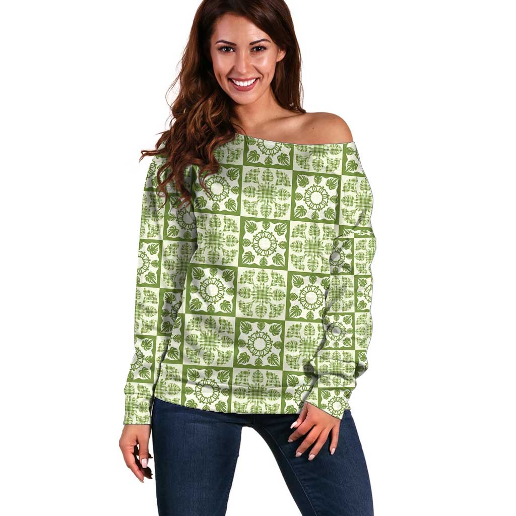Omaomao Palaka Quilt Hawaii Off Shoulder Sweater Hawaiian Tropical Monstera Sea Turtle LT14 Women Green - Polynesian Pride
