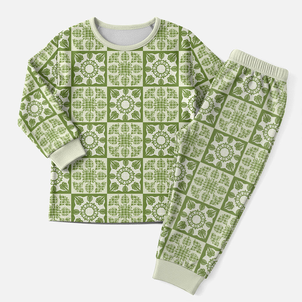 Omaomao Palaka Quilt Hawaii Christmas Pajama Set Hawaiian Tropical Monstera Sea Turtle LT14 Men Green - Polynesian Pride