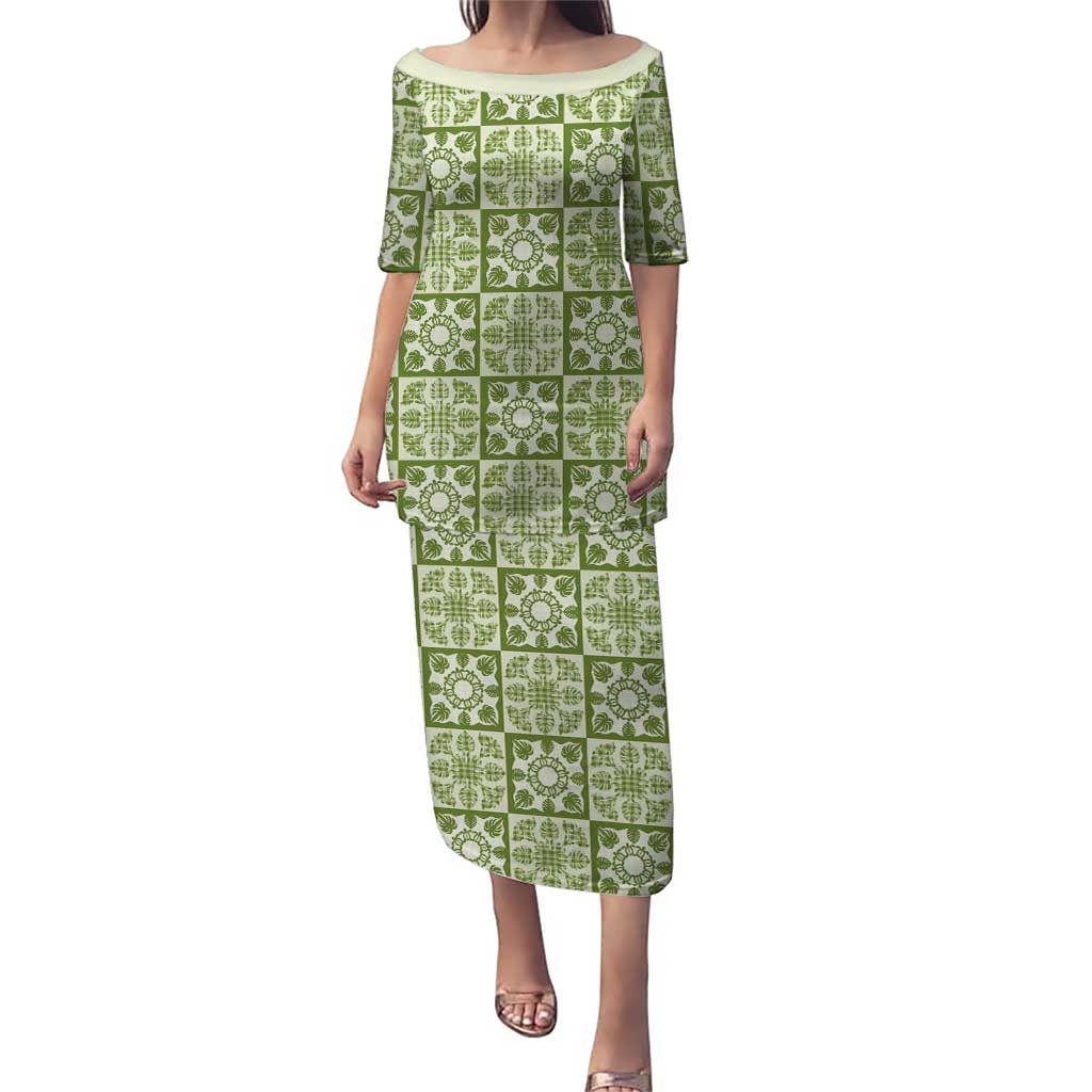 Omaomao Palaka Quilt Hawaii Puletasi Hawaiian Tropical Monstera Sea Turtle LT14 Long Dress Green - Polynesian Pride