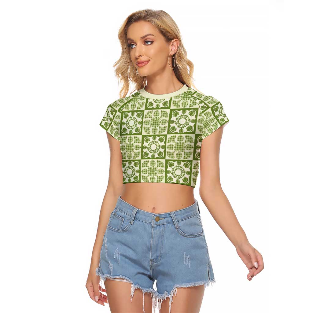 Omaomao Palaka Quilt Hawaii Raglan Cropped T Shirt Hawaiian Tropical Monstera Sea Turtle