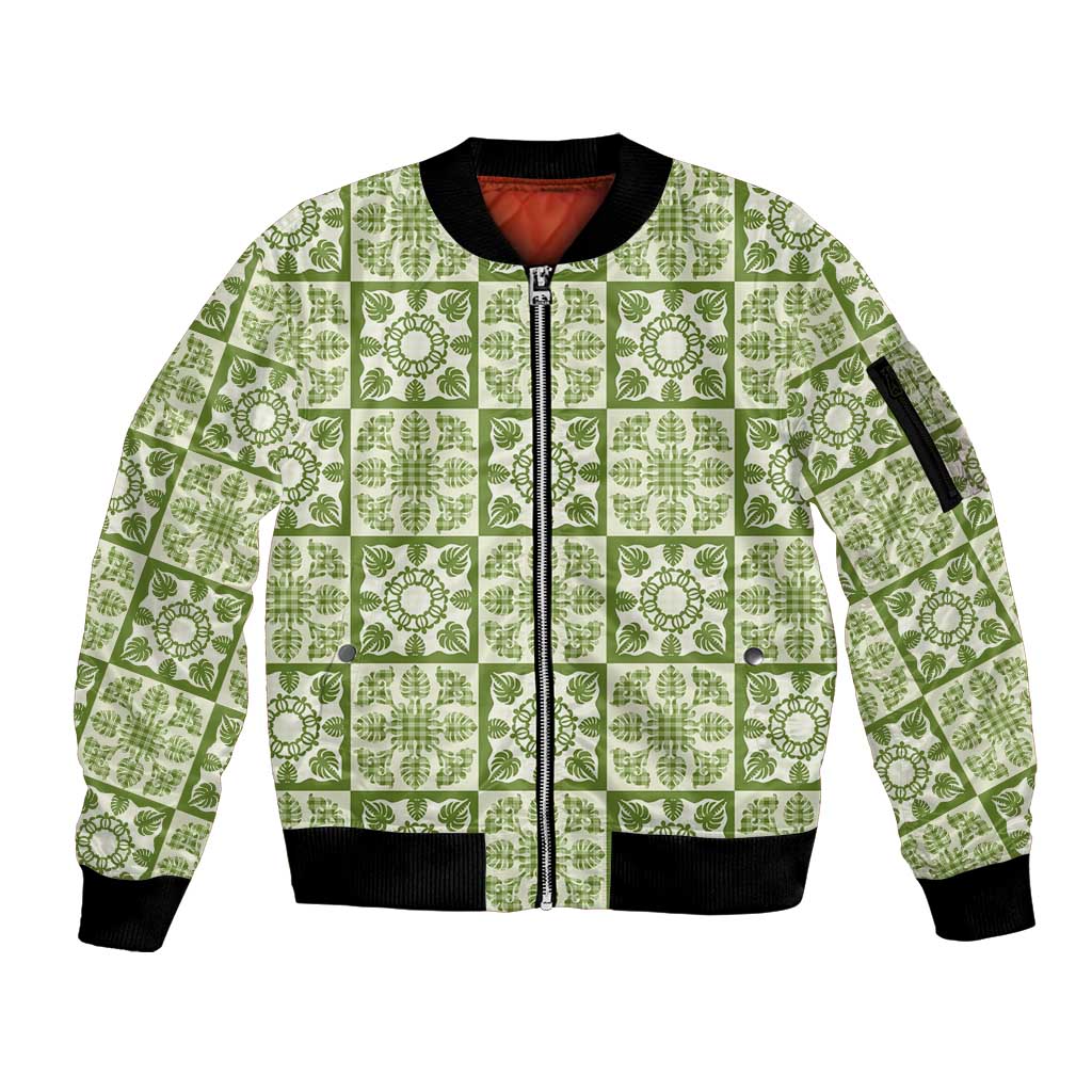 Omaomao Palaka Quilt Hawaii Sleeve Zip Bomber Jacket Hawaiian Tropical Monstera Sea Turtle LT14 Unisex Green - Polynesian Pride