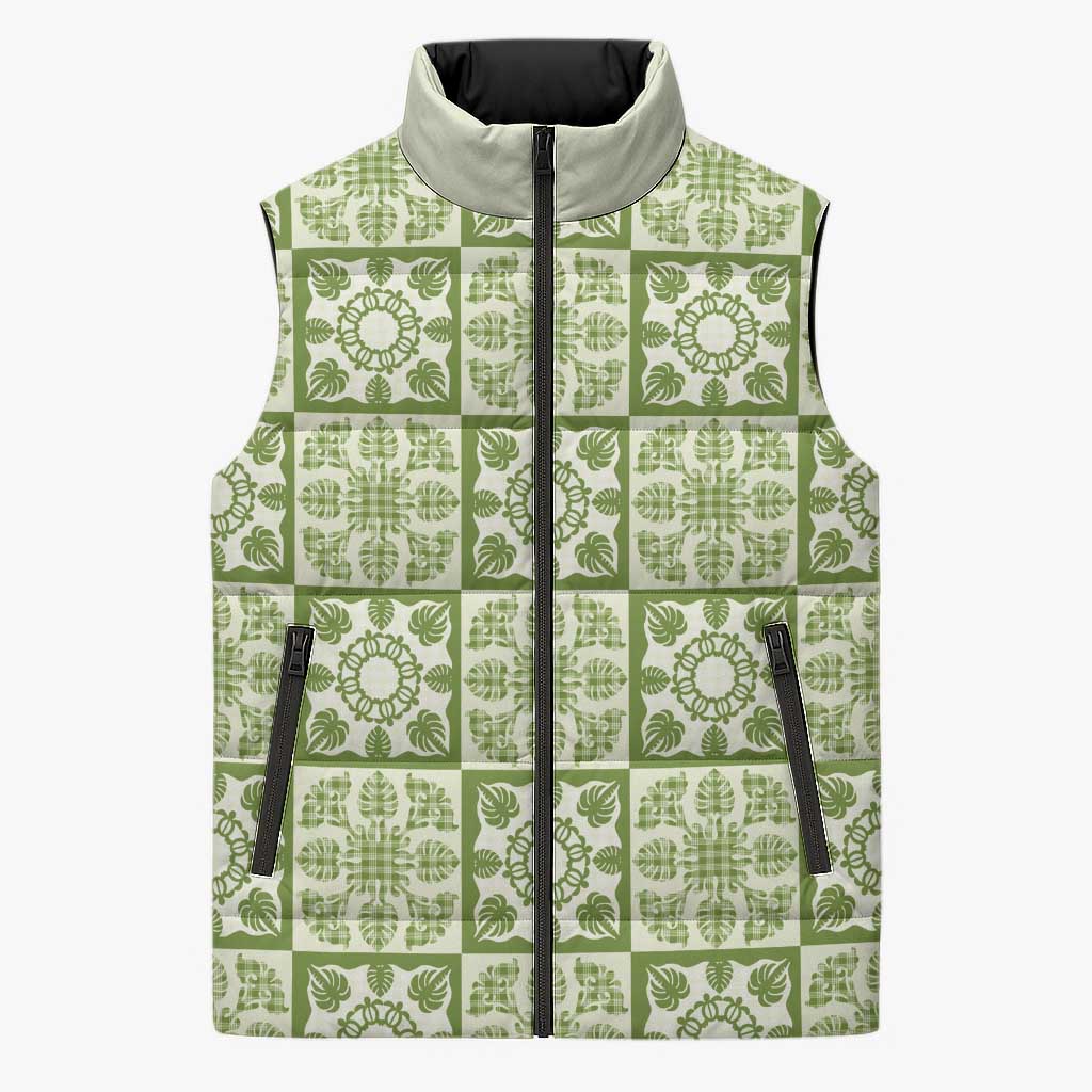 Omaomao Palaka Quilt Hawaii Sleeveless Puffer Jacket Hawaiian Tropical Monstera Sea Turtle LT14 Unisex Green - Polynesian Pride