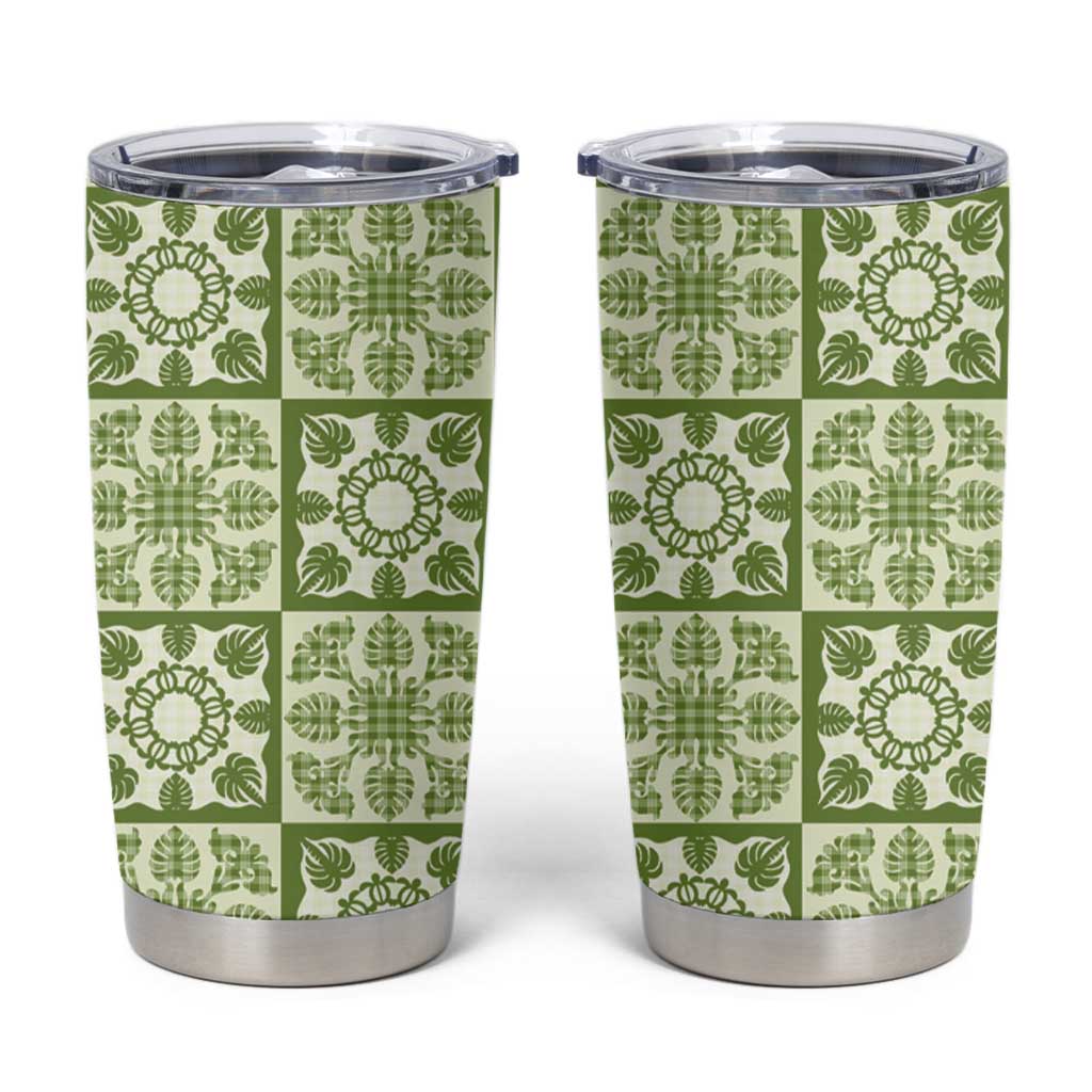 Omaomao Palaka Quilt Hawaii Tumbler Cup Hawaiian Tropical Monstera Sea Turtle LT14 Green - Polynesian Pride