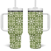 Omaomao Palaka Quilt Hawaii Tumbler With Handle Hawaiian Tropical Monstera Sea Turtle LT14 One Size: 40 oz Green - Polynesian Pride