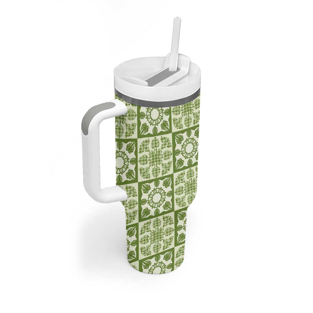 Omaomao Palaka Quilt Hawaii Tumbler With Handle Hawaiian Tropical Monstera Sea Turtle LT14 - Polynesian Pride