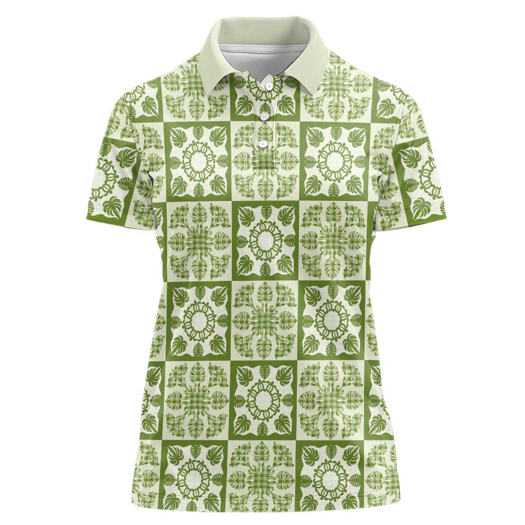 Omaomao Palaka Quilt Hawaii Women Polo Shirt Hawaiian Tropical Monstera Sea Turtle LT14 Female Green - Polynesian Pride