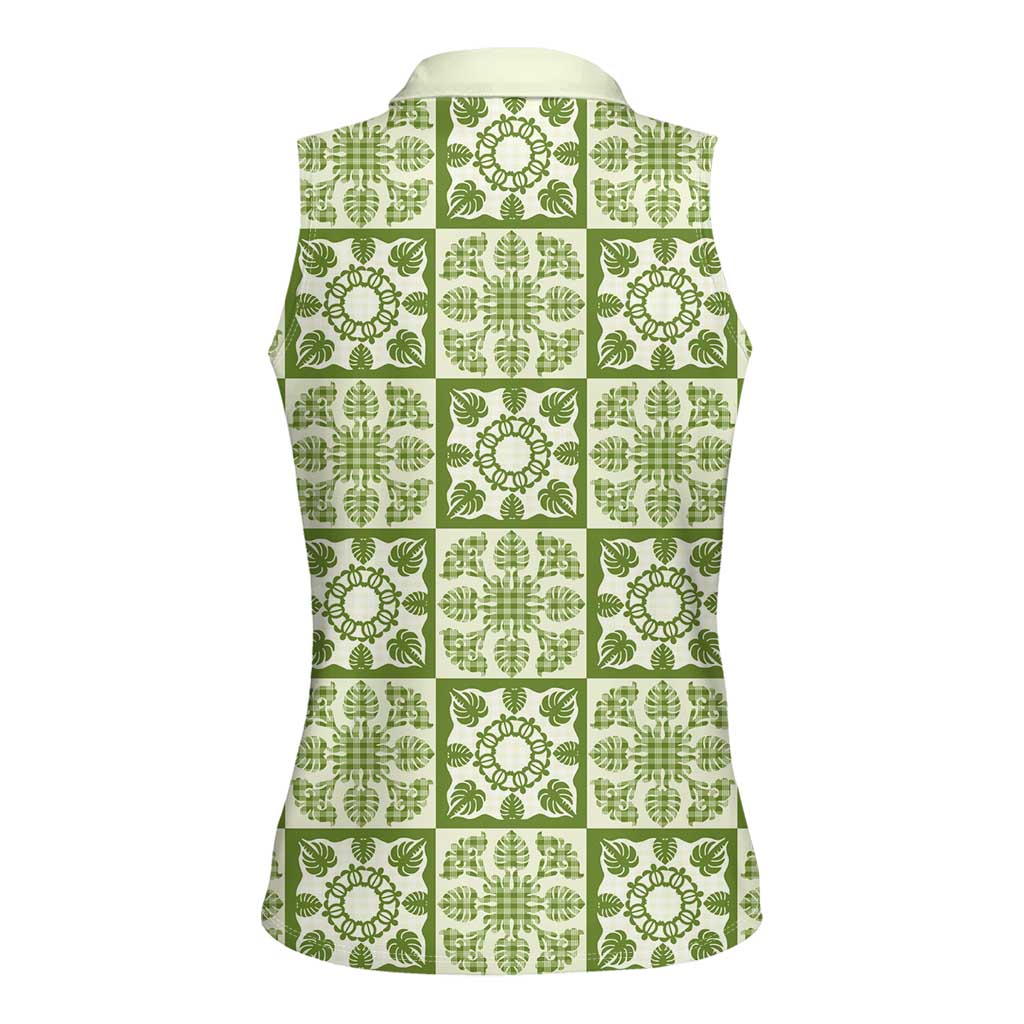 Omaomao Palaka Quilt Hawaii Women Sleeveless Polo Shirt Hawaiian Tropical Monstera Sea Turtle