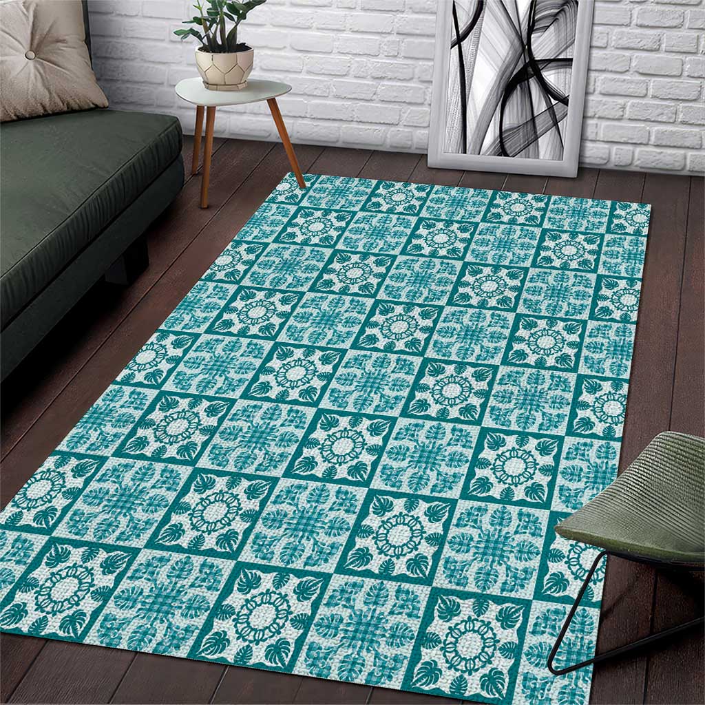 Cyan Palaka Quilt Hawaii Area Rug Hawaiian Tropical Monstera Sea Turtle LT14 Cyan - Polynesian Pride