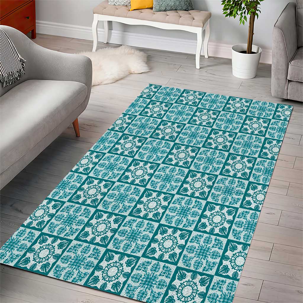 Cyan Palaka Quilt Hawaii Area Rug Hawaiian Tropical Monstera Sea Turtle LT14 - Polynesian Pride