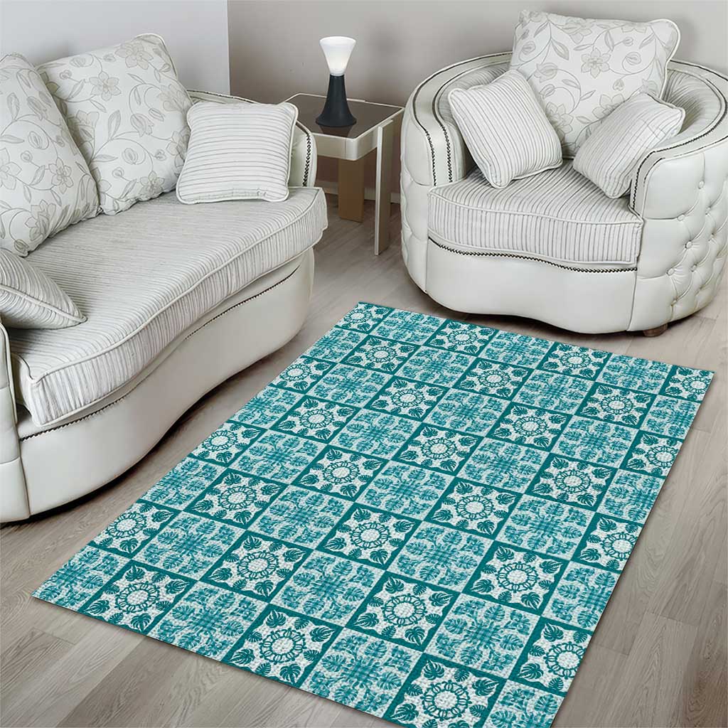 Cyan Palaka Quilt Hawaii Area Rug Hawaiian Tropical Monstera Sea Turtle LT14 - Polynesian Pride