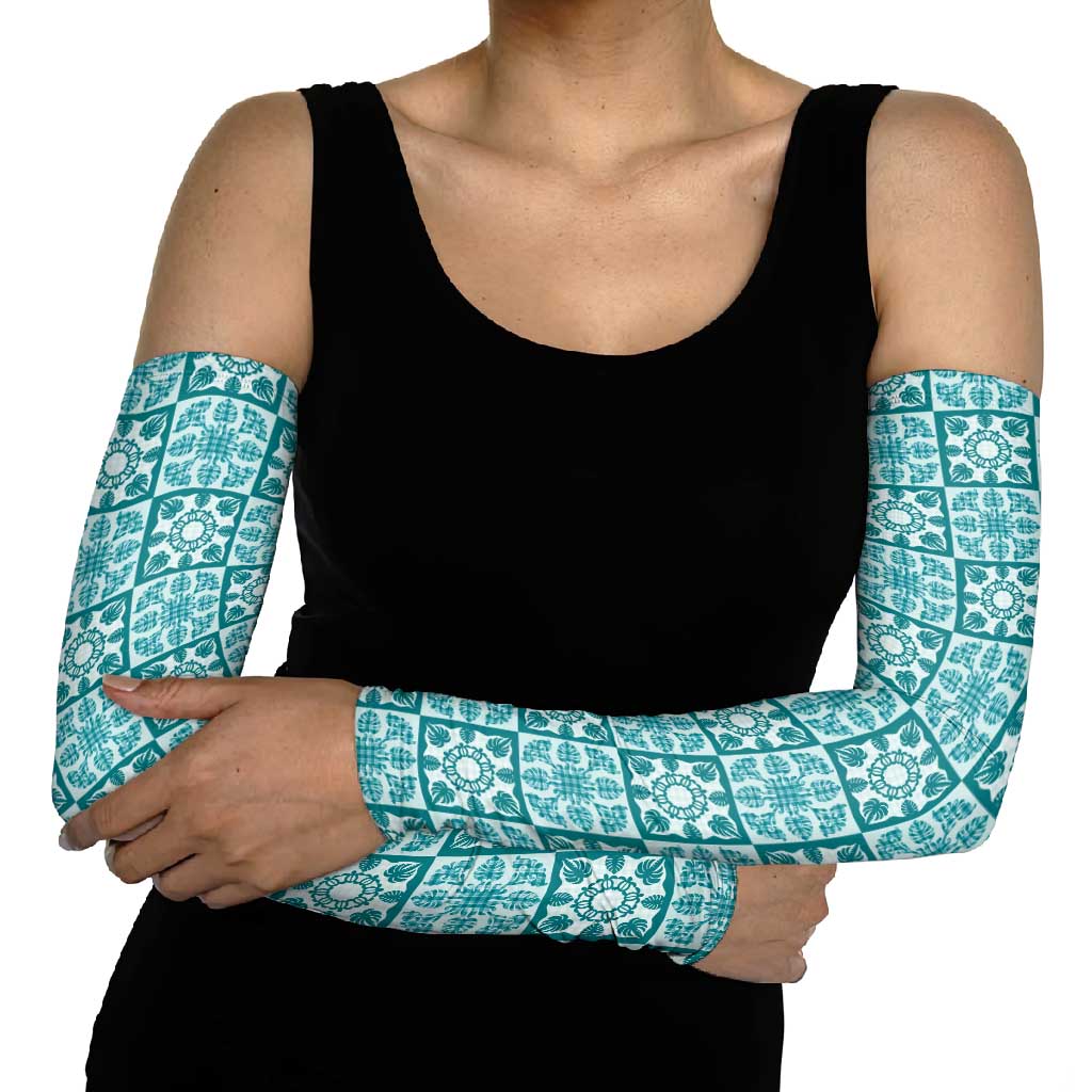 Cyan Palaka Quilt Hawaii Arm Sleeves Hawaiian Tropical Monstera Sea Turtle LT14 - Polynesian Pride