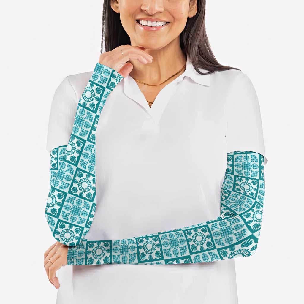 Cyan Palaka Quilt Hawaii Arm Sleeves Hawaiian Tropical Monstera Sea Turtle LT14 - Polynesian Pride