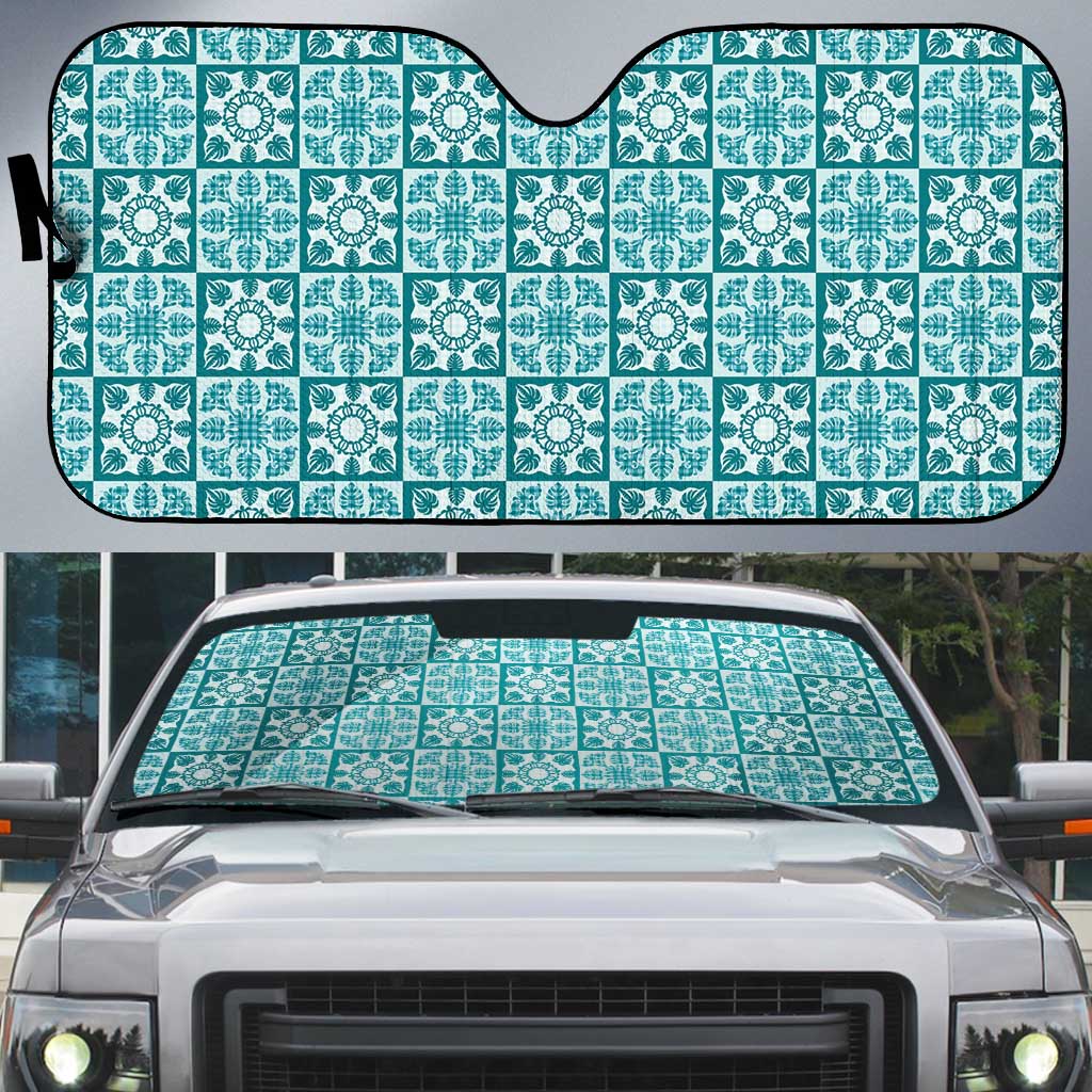 Cyan Palaka Quilt Hawaii Auto Sun Shade Hawaiian Tropical Monstera Sea Turtle LT14 Cyan - Polynesian Pride