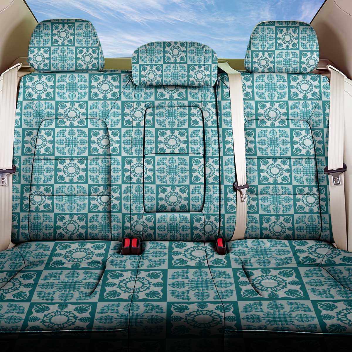 Cyan Palaka Quilt Hawaii Back Car Seat Cover Hawaiian Tropical Monstera Sea Turtle