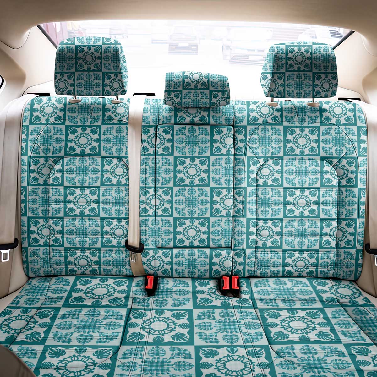 Cyan Palaka Quilt Hawaii Back Car Seat Cover Hawaiian Tropical Monstera Sea Turtle LT14 - Polynesian Pride