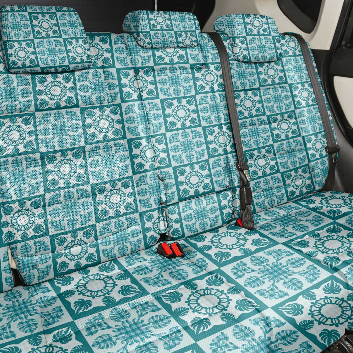 Cyan Palaka Quilt Hawaii Back Car Seat Cover Hawaiian Tropical Monstera Sea Turtle LT14 - Polynesian Pride