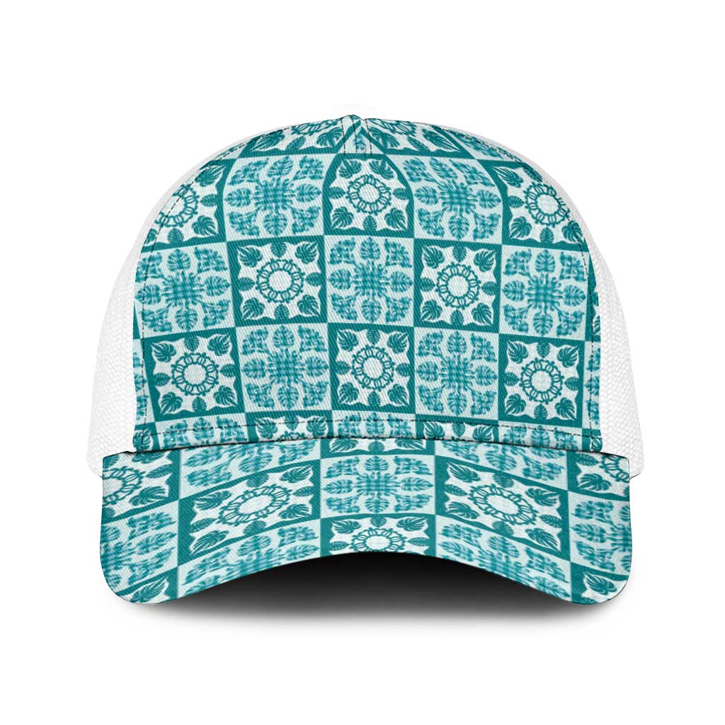 Cyan Palaka Quilt Hawaii Baseball Net Cap Hawaiian Tropical Monstera Sea Turtle LT14 One Size White Cyan - Polynesian Pride