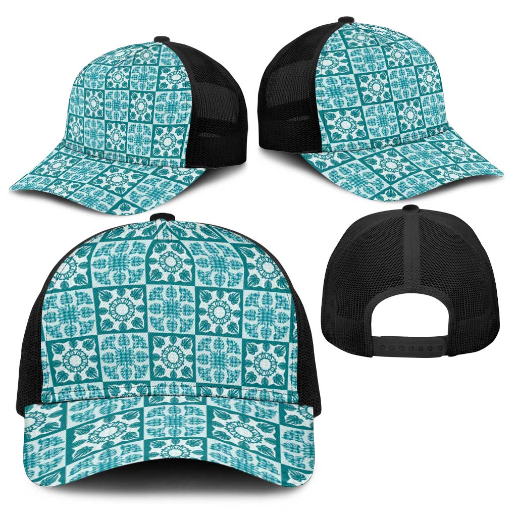 Cyan Palaka Quilt Hawaii Baseball Net Cap Hawaiian Tropical Monstera Sea Turtle LT14 - Polynesian Pride