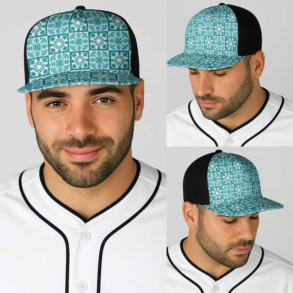 Cyan Palaka Quilt Hawaii Baseball Net Cap Hawaiian Tropical Monstera Sea Turtle LT14 - Polynesian Pride