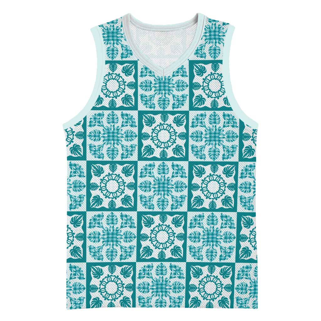 Cyan Palaka Quilt Hawaii Basketball Jersey Hawaiian Tropical Monstera Sea Turtle