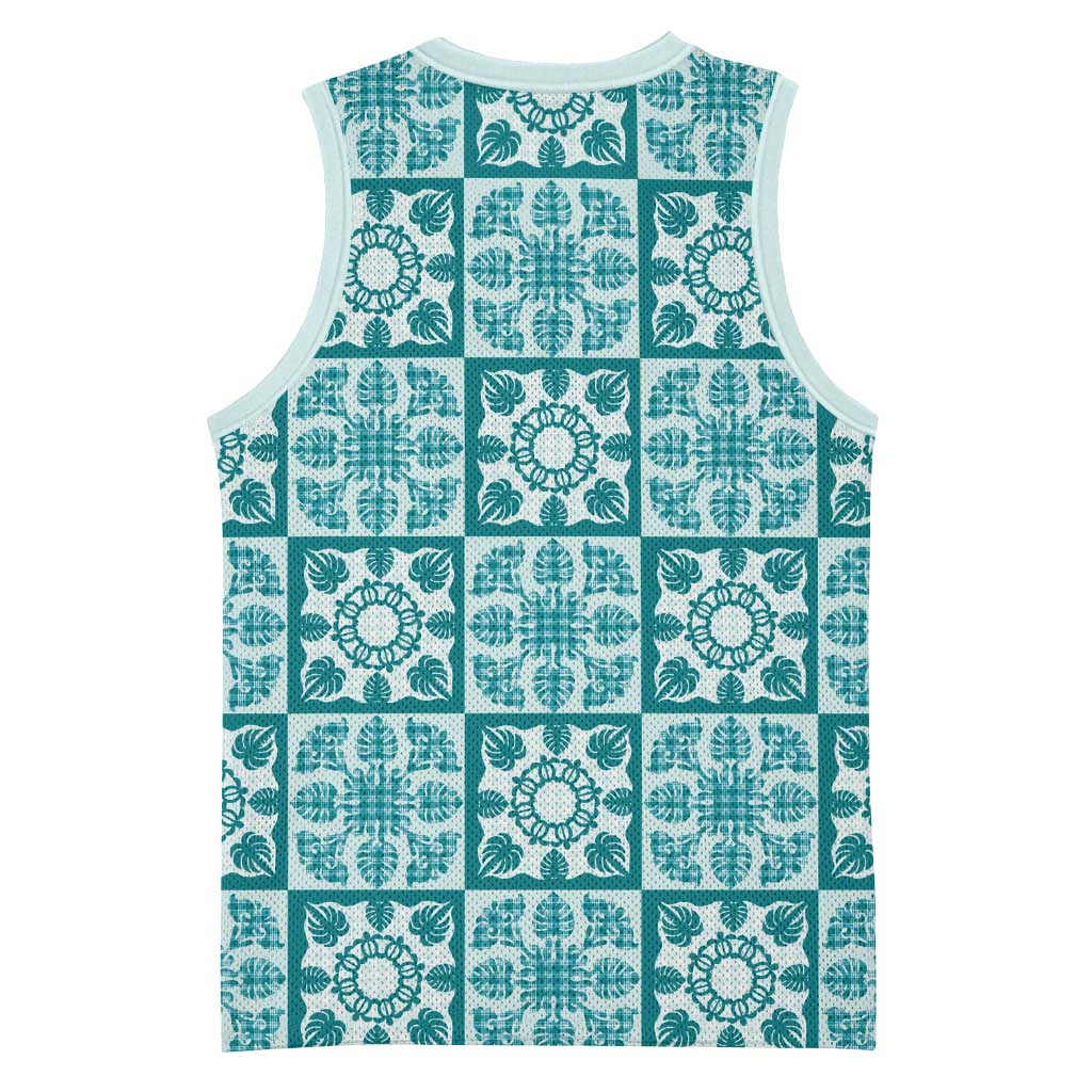 Cyan Palaka Quilt Hawaii Basketball Jersey Hawaiian Tropical Monstera Sea Turtle