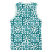Cyan Palaka Quilt Hawaii Basketball Jersey Hawaiian Tropical Monstera Sea Turtle